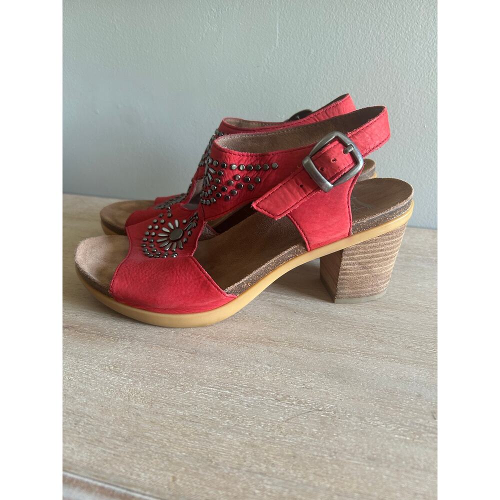 DANSKO Women’s Red Leather Sandals, Studded Boho, Size 39, Comfortable Casual.